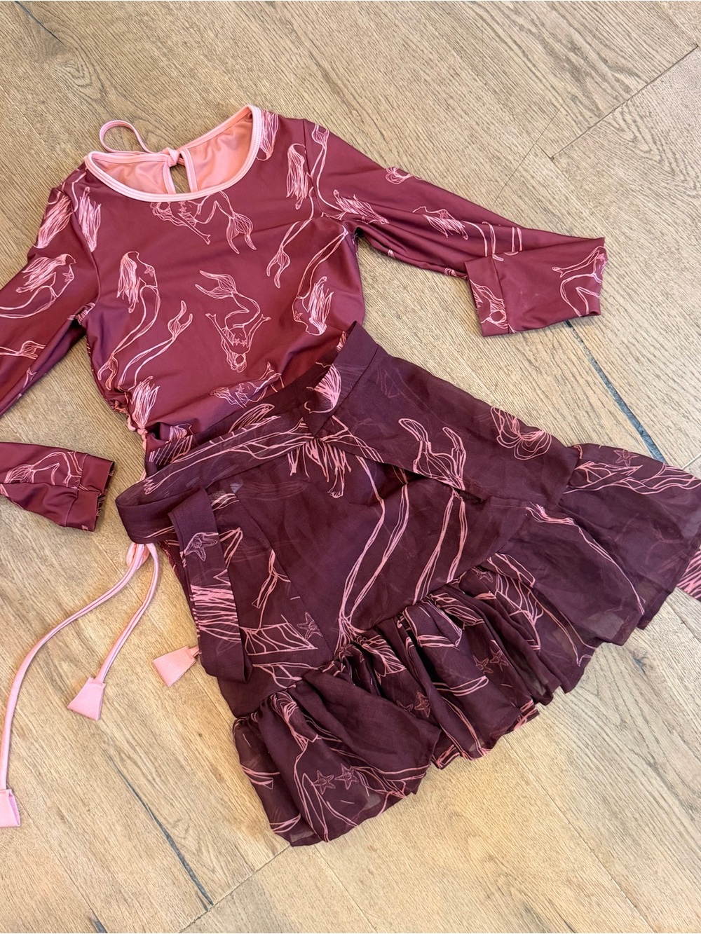 Girls' ANCORA Maroon Mermaid Print long sleeve swim suit and wrap skirt cover up